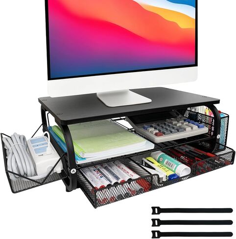 Desk Organizers and Accessories Monitor Riser, Monitor Stand with Drawer (2-Tier Drawers) with Large Side Storage Rack & Cable Management,66LBS/30KG, Office Organization, Walnut Brown in Saudi Arabia