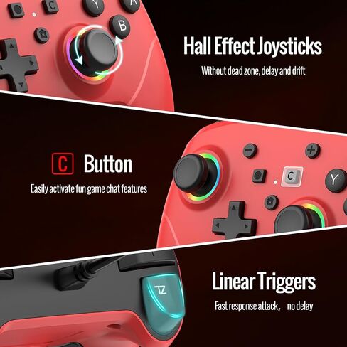 BETMI RGB وحدة تحكم سلكية احترافية للمحول 2 مع مستشعر حركة 9 محاور/زر C/عصا تحكم بتأثير القاعة/إضاءة LED/اهتزاز مزدوج/مقبس استريو مدمج/ماركو، لوحة ألعاب مناسبة للتبديل/Lite/OLED/الكمبيوتر (أحمر) in Kuwait