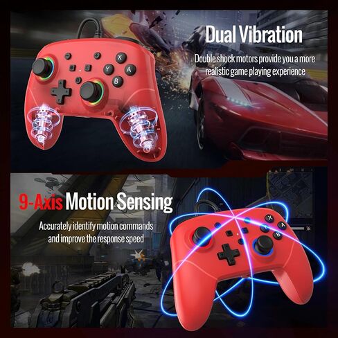 BETMI RGB وحدة تحكم سلكية احترافية للمحول 2 مع مستشعر حركة 9 محاور/زر C/عصا تحكم بتأثير القاعة/إضاءة LED/اهتزاز مزدوج/مقبس استريو مدمج/ماركو، لوحة ألعاب مناسبة للتبديل/Lite/OLED/الكمبيوتر (أحمر) in Kuwait