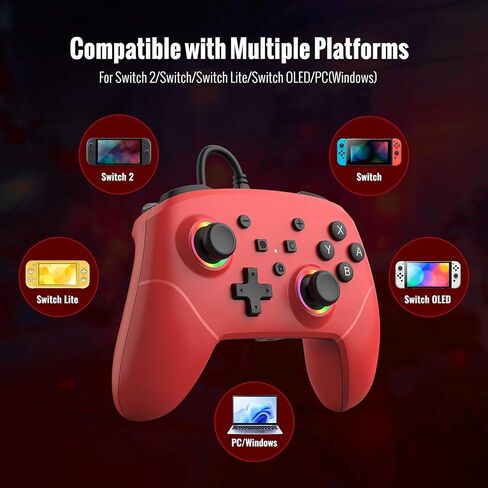 BETMI RGB وحدة تحكم سلكية احترافية للمحول 2 مع مستشعر حركة 9 محاور/زر C/عصا تحكم بتأثير القاعة/إضاءة LED/اهتزاز مزدوج/مقبس استريو مدمج/ماركو، لوحة ألعاب مناسبة للتبديل/Lite/OLED/الكمبيوتر (أحمر) in Kuwait