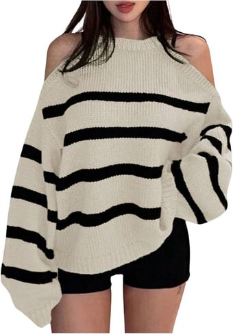 Verdusa Women's Striped Cold Shoulder Oversized Sweaters Streetwear Colorblock Pullover Knit Tops in Saudi Arabia