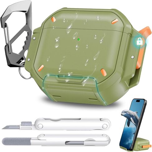 حافظة AirPods Pro 3 مقاومة للماء [IP68 تحت الماء] [حماية كاملة للخدمة الشاقة] [يدعم الشحن اللاسلكي] غطاء صلب مضاد للخدش لمجموعة أدوات تنظيف AirPods Pro الجيل الثالث وحلقة تسلق (أسود) in Kuwait