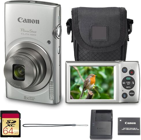 حزمة الكاميرا الرقمية PowerShot ELPH 180 من Canon (أحمر) مدمجة للتصوير والتقاط الصور مع تكبير بصري | تصميم خفيف الوزن سهل التحكم لمناسبات السفر العائلية والتصوير اليومي مع حافظة وبطاقة سعة 64 جيجابايت in Kuwait