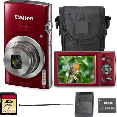 حزمة الكاميرا الرقمية PowerShot ELPH 180 من Canon (أحمر) مدمجة للتصوير والتقاط الصور مع تكبير بصري | تصميم خفيف الوزن سهل التحكم لمناسبات السفر العائلية والتصوير اليومي مع حافظة وبطاقة سعة 64 جيجابايت in Kuwait