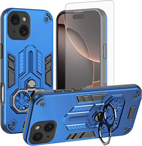 حافظة هاتف Asuwish لهاتف iPhone 15 مقاس 6.1 بوصة مع واقي شاشة من الزجاج المقسى وحامل حلقي صلب نحيف وحامل حلقي هجين من جلد البولي يوريثان وإكسسوارات الهاتف المحمول i Phone15 i15 15Case للنساء والرجال باللون الأسود in Kuwait
