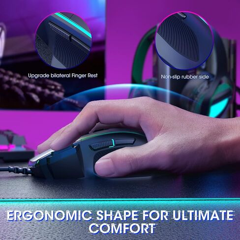 ماوس ألعاب Pauroty RGB سلكي، ماوس ألعاب مريح للكمبيوتر الشخصي مع إضاءة خلفية Chroma RGB، 8000 نقطة في البوصة قابلة للتعديل، 8 أزرار قابلة للبرمجة وزر إطلاق النار، توصيل وتشغيل ماوس كمبيوتر USB لأجهزة Windows Mac PC Gamer in Kuwait
