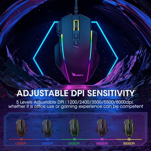 ماوس ألعاب Pauroty RGB سلكي، ماوس ألعاب مريح للكمبيوتر الشخصي مع إضاءة خلفية Chroma RGB، 8000 نقطة في البوصة قابلة للتعديل، 8 أزرار قابلة للبرمجة وزر إطلاق النار، توصيل وتشغيل ماوس كمبيوتر USB لأجهزة Windows Mac PC Gamer in Kuwait