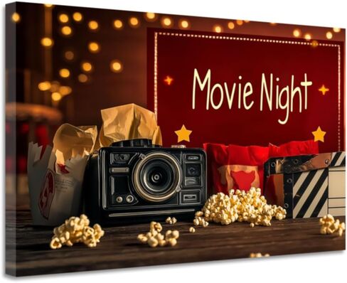 CGXLB Movie Theater Room Decor Movie Sign Canvas Print Retro Cinema Spotlight & Popcorn Posters Home Theater Room Media Film Wall Art 12"x18" in Saudi Arabia