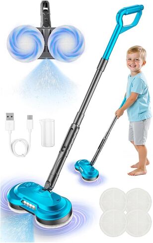 Kids Electric Spin Mop Toy, Rechargeable Cordless Electric Mop W/Water Sprayer & LED Headlight for Children Ages 3 4 5 6+ Boys & Girls, Cleaning Toy for Pretend Play (Rose Red) in Saudi Arabia