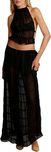 Womens Y2K Maxi Skirt Set Backless Lace Halter Crop Top and Long Skirt مجموعات نادي شاطئ كوكتيل نادي in Saudi Arabia