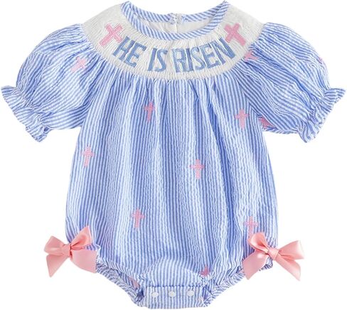 Baby Girl Easter Outfit Newborn Bow Eggs Embroidery Smocked Bubble Romper Easter Onesie Infant Cute Summer Clothes in Saudi Arabia