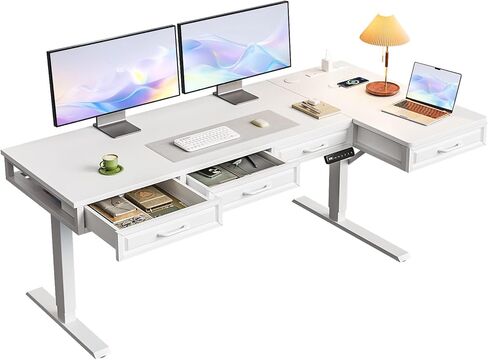 مكتب قائم كهربائي على شكل حرف L من OffiGo مع أدراج خشبية، محطة عمل زاوية قابلة للتعديل بارتفاع 55 بوصة مع منافذ طاقة، طاولة جلوس للمنزل والمكتب باللون الأبيض in Kuwait