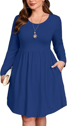 فستان AusLook نسائي مقاس كبير وأكمام طويلة متوسط ​​الطول كاجوال بخصر إمبراطوري فضفاض فساتين واسعة على شكل حرف a فستان طويل بوهو مع جيوب in Kuwait