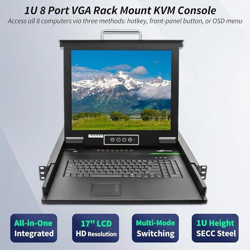 وحدة تحكم KVM مثبتة على حامل 1U، محول VGA KVM بـ 8 منافذ مع شاشة LCD مقاس 17 بوصة، لوحة مفاتيح بلوحة لمس، 8 × كابلات VGA متضمنة، التبديل عبر مصابيح LED باللوحة الأمامية، مفتاح التشغيل السريع للوحة المفاتيح أو العرض على الشاشة (OSD) in Kuwait