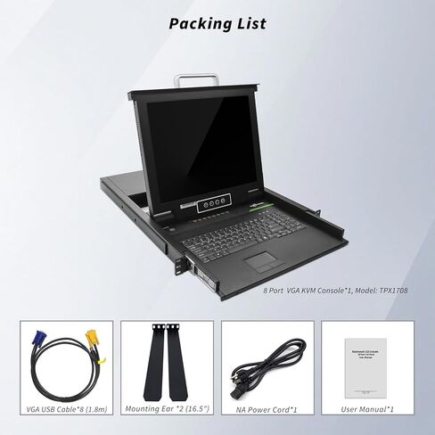 وحدة تحكم KVM مثبتة على حامل 1U، محول VGA KVM بـ 8 منافذ مع شاشة LCD مقاس 17 بوصة، لوحة مفاتيح بلوحة لمس، 8 × كابلات VGA متضمنة، التبديل عبر مصابيح LED باللوحة الأمامية، مفتاح التشغيل السريع للوحة المفاتيح أو العرض على الشاشة (OSD) in Kuwait