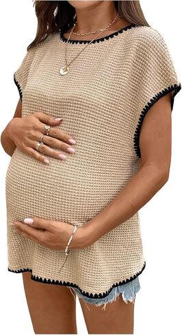 MakeMeChic Women's Summer Maternity Textured T Shirt Crew Neck Sleeveless Pregnancy Tees in Saudi Arabia
