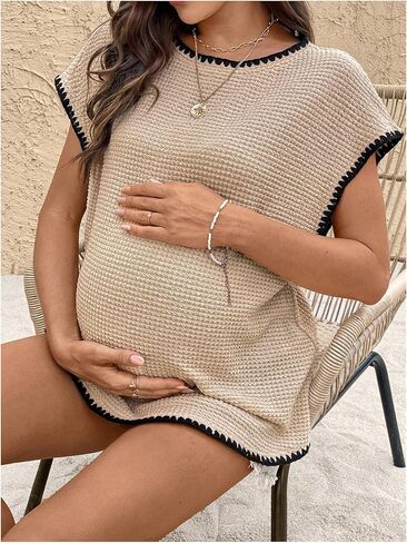 تي شيرت نسائي من MakeMeChic تي شيرت صيفي مزخرف للعمل والحمل والتمريض ورقبة دائرية وأكمام قصيرة تي شيرت in Kuwait