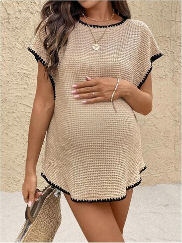 تي شيرت نسائي من MakeMeChic تي شيرت صيفي مزخرف للعمل والحمل والتمريض ورقبة دائرية وأكمام قصيرة تي شيرت in Kuwait