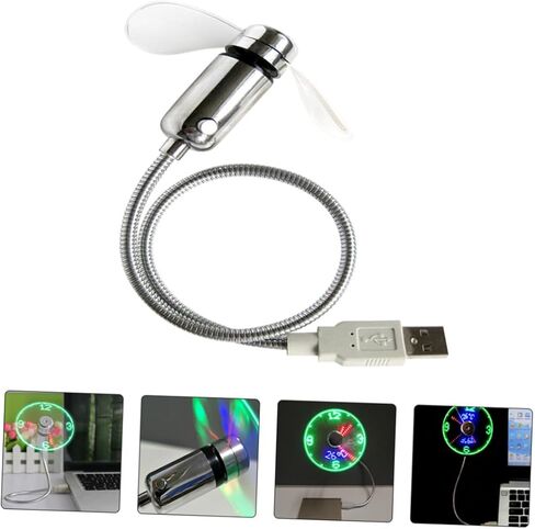 USB Mini LED Clock Fan مروحة تبريد محمولة مع عرض الوقت أداة USB مرنة معقوفة للاستخدام المنزلي والمكتب والسفر in Kuwait