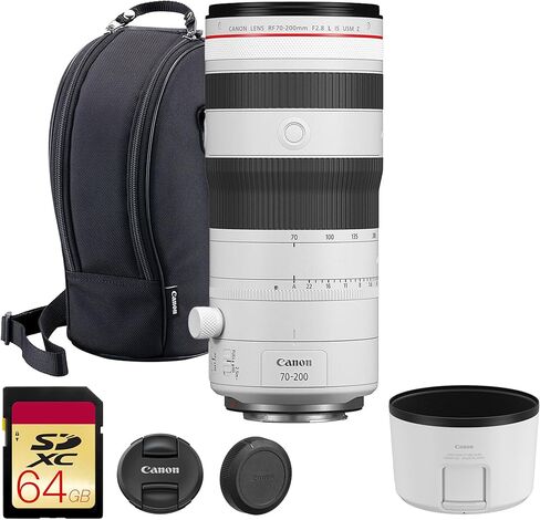 Canon RF 70-200mm f/2.8 L هي عدسة USM - تكبير تليفوتوغرافي مدمج مع تثبيت الصورة للرياضة والصور الشخصية والتصوير الفوتوغرافي للأحداث (6593C002) + بطاقة ذاكرة سعة 64 جيجابايت in Kuwait
