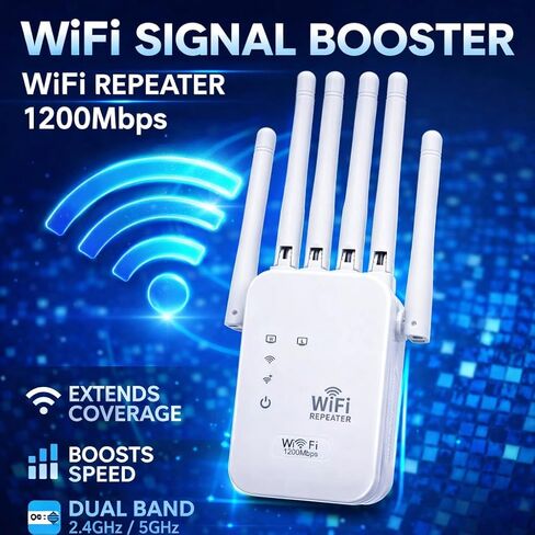 WiFi Range Extender & Signal Booster – Dual Band Wireless Repeater with Ethernet Port, Extends Coverage Up to 1200 Sq Ft, Fast Setup for Home & Office in Kuwait