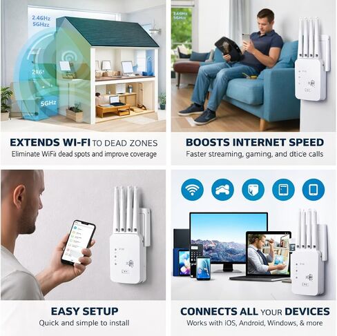 معزز ومكرر إشارة موسع نطاق WiFi - موسع لاسلكي ثنائي النطاق بسرعة 1200 ميجابت في الثانية مع منفذ إيثرنت، يغطي ما يصل إلى 1200 قدم مربع، إعداد سهل in Kuwait