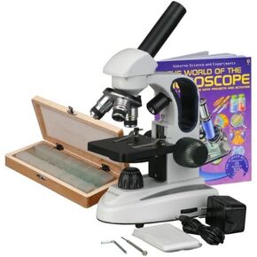 مجهر أحادي مركب AmScope M149C-2L-PS50-WM، عدسات WF10x وWF25x، تكبير 40x-1000x، إضاءة LED العلوية والسفلية، Brightfield، مكثف أحادي العدسة، مرحلة عادية، 110 فولت أو يعمل بالبطارية، إطار معدني عالي التحمل، يتضمن مجموعة من in Saudi Arabia