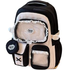 حقيبة ظهر ZQW Kawaii اللطيفة للنساء Y2K الجمالية أنيمي ITA حقيبة مع شارات مزينة بالدانتيل تعرض لوحة شفافة حقيبة يومية عادية (أزرق) in Kuwait