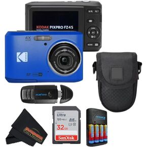 كاميرا رقمية KODAK PIXPRO FZ45 بمستشعر CMOS بدقة 16 ميجابكسل وتكبير بصري 5X مع قطعة قماش تنظيف من الألياف الدقيقة لصور أشعة الشمس (حزمة متقدمة، أزرق) in Kuwait