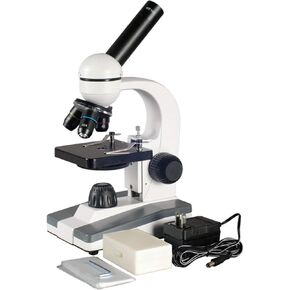 AmScope M148C-PB10 مجهر أحادي مركب، عدسات WF10x وWF25x، تكبير 40x-1000x، إضاءة LED، Brightfield، مكثف أحادي العدسة، مرحلة عادية، 110 فولت أو تعمل بالبطارية، تتضمن 5 شرائح فارغة و5 شرائح جاهزة in Saudi Arabia