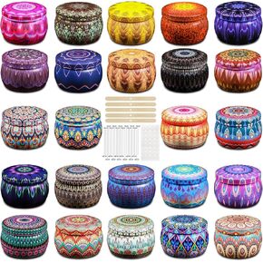 HappyHube 24 علب شمعة الصفيحات الفارغة-حاويات معدنية 12x8oz و 12 × 4 أوقية لصنع شموع DIY ، علب الصدأ الصديقة للسفر مع الأغطية (الجرار الخشبية والأسطوانة الأسطوانية) in Kuwait