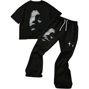 Boy's 2 Piece Outfits Cross Graphic Print Short Sleeve T Shirts and Flared Pants Clothing Set Streetwear in Saudi Arabia