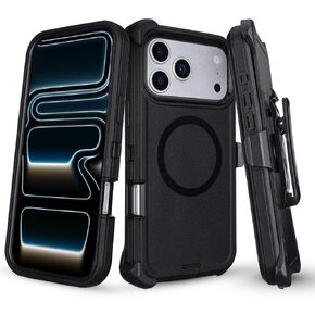 حافظة مغناطيسية لهاتف iPhone 17 Pro مع حافظة بمشبك حزام، حافظة واقية متينة مقاومة للسقوط من 3 طبقات، [متوافقة مع MagSafe] غطاء متين مقاوم للصدمات لهاتف iPhone 17 Pro (أسود + برتقالي) in Kuwait