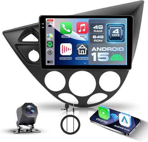 ستيريو سيارة 4G+64G لسيارة Ford Focus 1998-2005 لـ Fiesta 1995-2001، Android 9 بوصة IPS شاشة تعمل باللمس مع Carplay اللاسلكي وAndroid Auto، GPS، Double Din، Bluetooth، DSP، WiFi، FM RDS، الكاميرا in Kuwait