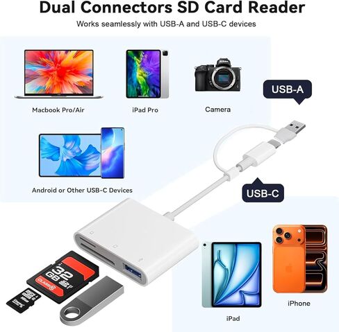 قارئ بطاقات SD، 3 في 1 USB C إلى SD/TF/MS قارئ بطاقات عالي السرعة مع محول USB A إلى USB C قارئ بطاقات Memroy لهاتف iPhone 17/16/15 Pro Max iPad Pro MacBook Pro/Air/iMac M4/M3/M2 Android Phone/الكمبيوتر اللوحي in Saudi Arabia