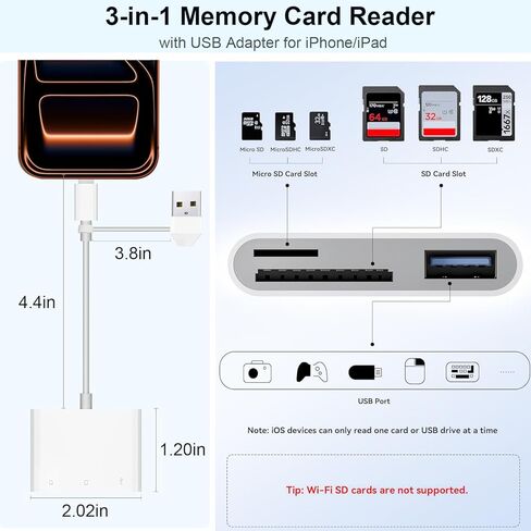 قارئ بطاقات SD، 3 في 1 USB C إلى SD/TF/MS قارئ بطاقات عالي السرعة مع محول USB A إلى USB C قارئ بطاقات Memroy لهاتف iPhone 17/16/15 Pro Max iPad Pro MacBook Pro/Air/iMac M4/M3/M2 Android Phone/الكمبيوتر اللوحي in Saudi Arabia