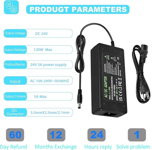 Power Supply 24V 5A,AC 100-240V to DC 24V 120W Converter Adapter Driver Transformer with 5.5mm x 2.5mm/2.1mm Jack, US Plug for Led Strips,LCD Monitors,CCTV Camera in Saudi Arabia