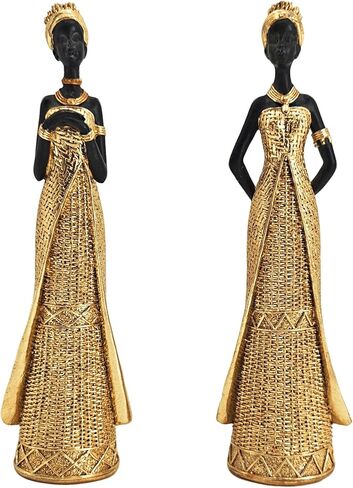 OGANGART 13" African Statues for Home Decor,2-Piece Set Lady Figure Sculptures Decorations for Tables Top,Black Vintage Ornament for Shelf and Living Room,Bookshelf,Décor Accents Gifts for Women in Saudi Arabia