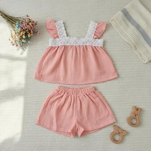 Toddler Girl Two Piece Summer Set with Lace Trim Flutter Sleeve Top and Matching Shorts in Saudi Arabia