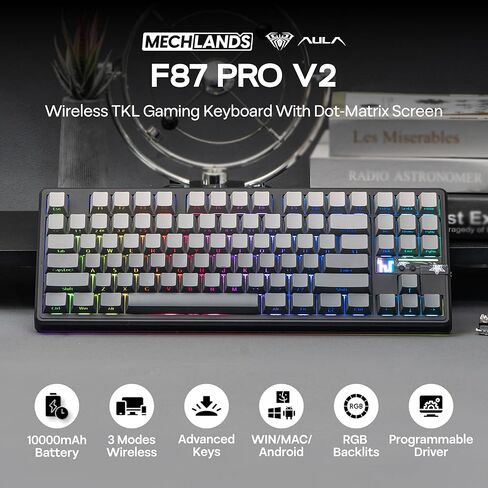 لوحة مفاتيح الألعاب اللاسلكية MechLands Aula F87 PRO V2 مع بطارية 10000 مللي أمبير في الساعة، استقصاء 8K، SOCD/MT/TGL، BT/2.4 جيجا هرتز/سلكية، لوحة مفاتيح ميكانيكية Hot Swap TKL مع حشية كريمية، إضاءة خلفية RGB (متدرج أسود) in Kuwait