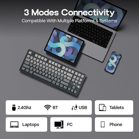 لوحة مفاتيح الألعاب اللاسلكية MechLands Aula F87 PRO V2 مع بطارية 10000 مللي أمبير في الساعة، استقصاء 8K، SOCD/MT/TGL، BT/2.4 جيجا هرتز/سلكية، لوحة مفاتيح ميكانيكية Hot Swap TKL مع حشية كريمية، إضاءة خلفية RGB (متدرج أسود) in Kuwait