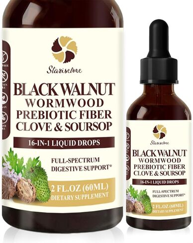 صبغة Starisetme Wormwood Black Walnut Cleanse للبشر - البريبايوتيك الصحي للأمعاء بقوة قصوى مع القرنفل، القشطة الشائكة، بذور اليقطين، بالإضافة إلى الفيتامينات والمعادن للمناعة والمزاج، النساء والرجال - نباتي، غير معدّل وراثيًا in Kuwait