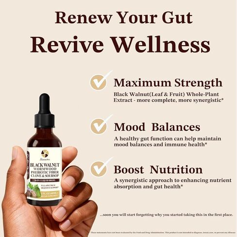 صبغة Starisetme Wormwood Black Walnut Cleanse للبشر - البريبايوتيك الصحي للأمعاء بقوة قصوى مع القرنفل، القشطة الشائكة، بذور اليقطين، بالإضافة إلى الفيتامينات والمعادن للمناعة والمزاج، النساء والرجال - نباتي، غير معدّل وراثيًا in Kuwait