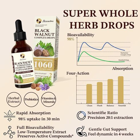 صبغة Starisetme Wormwood Black Walnut Cleanse للبشر - البريبايوتيك الصحي للأمعاء بقوة قصوى مع القرنفل، القشطة الشائكة، بذور اليقطين، بالإضافة إلى الفيتامينات والمعادن للمناعة والمزاج، النساء والرجال - نباتي، غير معدّل وراثيًا in Kuwait