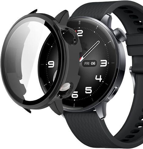 متوافق مع حافظة OnePlus Watch 3 مقاس 43 مم، حافظة Lamshaw صلبة من البولي كربونات مع واقي شاشة من الزجاج المقوى متوافق مع OnePlus Watch 3 43 (أسود + شفاف، لـ 1 + Watch 3 43 مم) in Kuwait