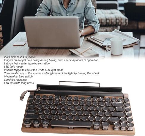 PUSOKEI Retro Typewriter Keyboard, Wireless Mechanical Gaming Keyboard, 83 Keys, Bluetooth Punk RGB Backlit, Blue Switch, Metal Round KeyCap, for PC Laptop Phone (Wood Grain Color) in Saudi Arabia