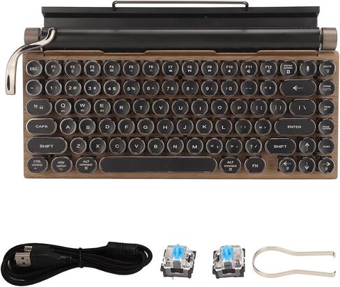 PUSOKEI Retro Typewriter Keyboard, Wireless Mechanical Gaming Keyboard, 83 Keys, Bluetooth Punk RGB Backlit, Blue Switch, Metal Round KeyCap, for PC Laptop Phone (Wood Grain Color) in Saudi Arabia