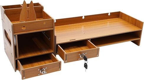 Monitor Riser with Storage, Density Board Laptop Stand, Under Monitor Desk Organizer Adjustable and Reversible Monitor Stand with Drawer with Small Line Hole for Placing Monitor (Wood) in Kuwait