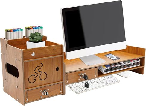 Monitor Riser with Storage, Density Board Laptop Stand, Under Monitor Desk Organizer Adjustable and Reversible Monitor Stand with Drawer with Small Line Hole for Placing Monitor (Wood) in Kuwait