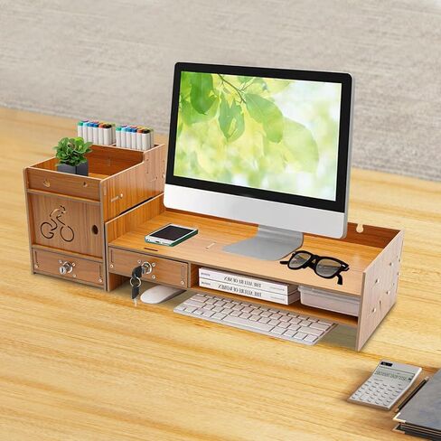 Monitor Riser with Storage, Density Board Laptop Stand, Under Monitor Desk Organizer Adjustable and Reversible Monitor Stand with Drawer with Small Line Hole for Placing Monitor (Wood) in Kuwait